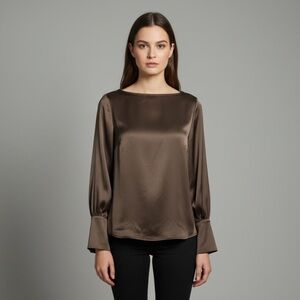 Maison d'Amelie Paris Brown Boat Neck Long Sleeve Cuff Satin Blouse Size Small